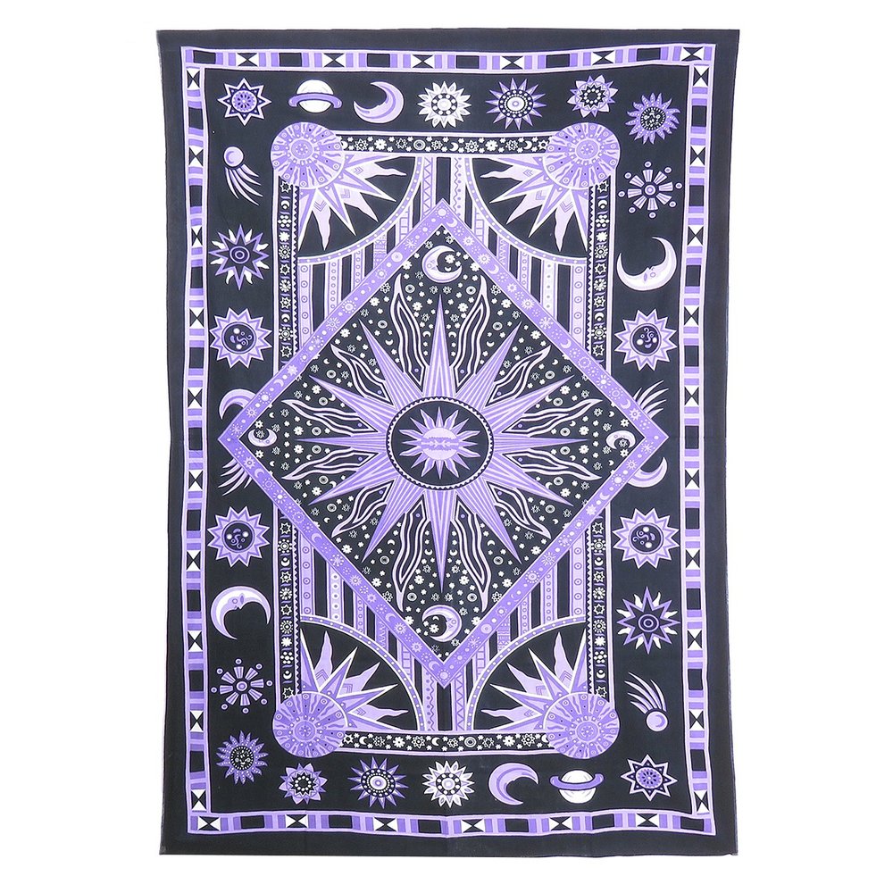 80" X 56" Purple Black And White Mandala Cotton Hanging Tapestry on a white background