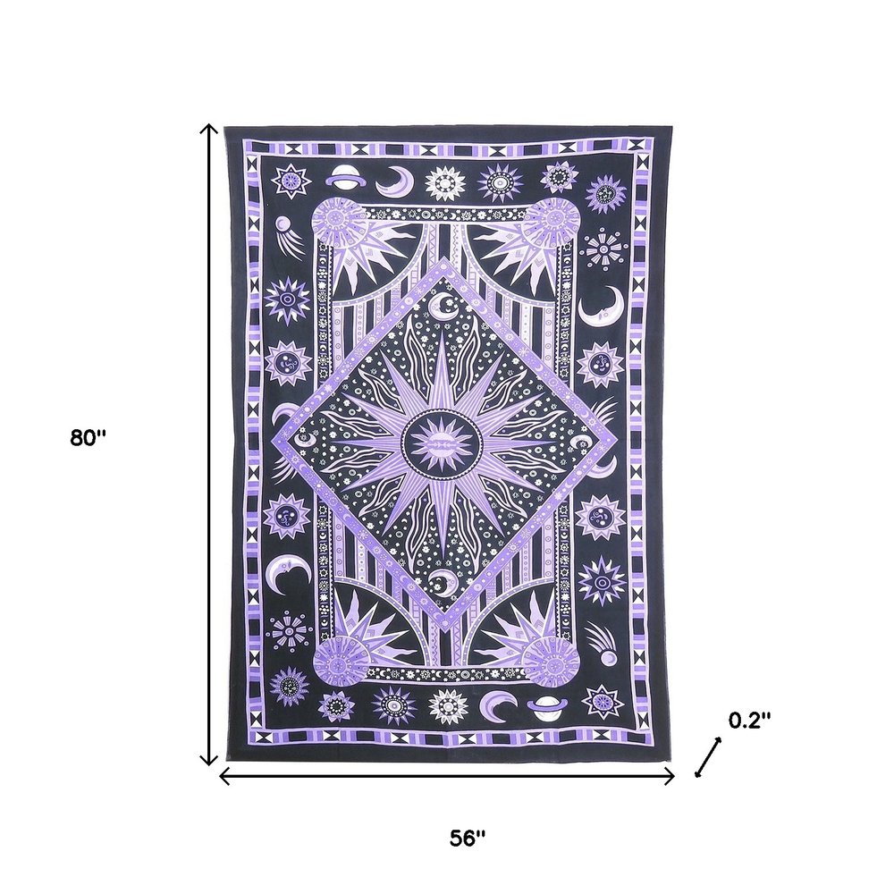 80" X 56" Purple Black And White Mandala Cotton Hanging Tapestry on a white background