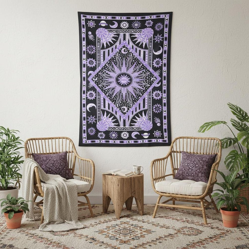 80" X 56" Purple Black And White Mandala Cotton Hanging Tapestry