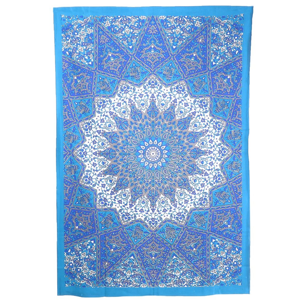 80" X 56" Royal Blue Mandala Cotton Hanging Tapestry on a white background