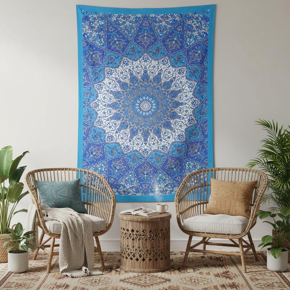 80" X 56" Royal Blue Mandala Cotton Hanging Tapestry in a home interior