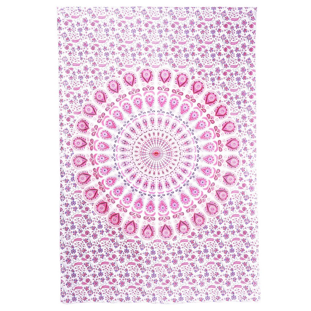 80" X 56" Pink And White Mandala Cotton Hanging Tapestry on a white background
