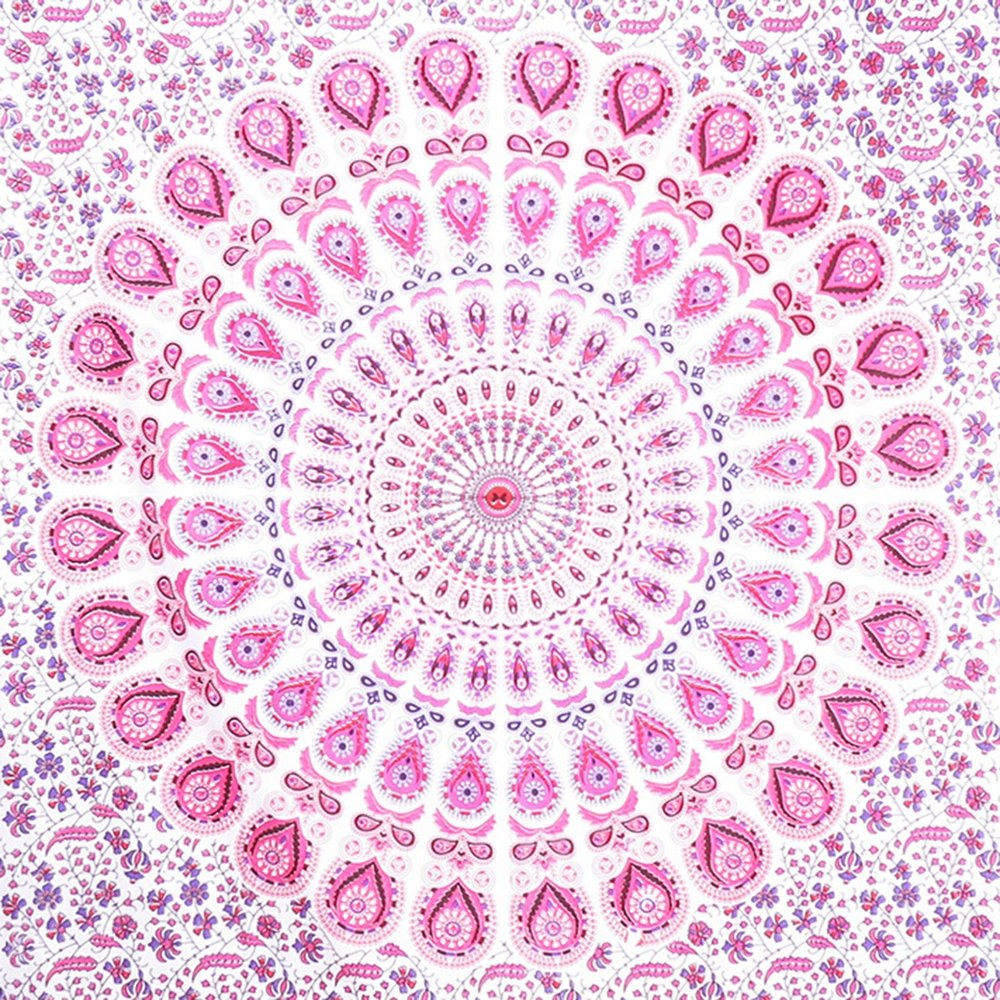 80" X 56" Pink And White Mandala Cotton Hanging Tapestry on a white background