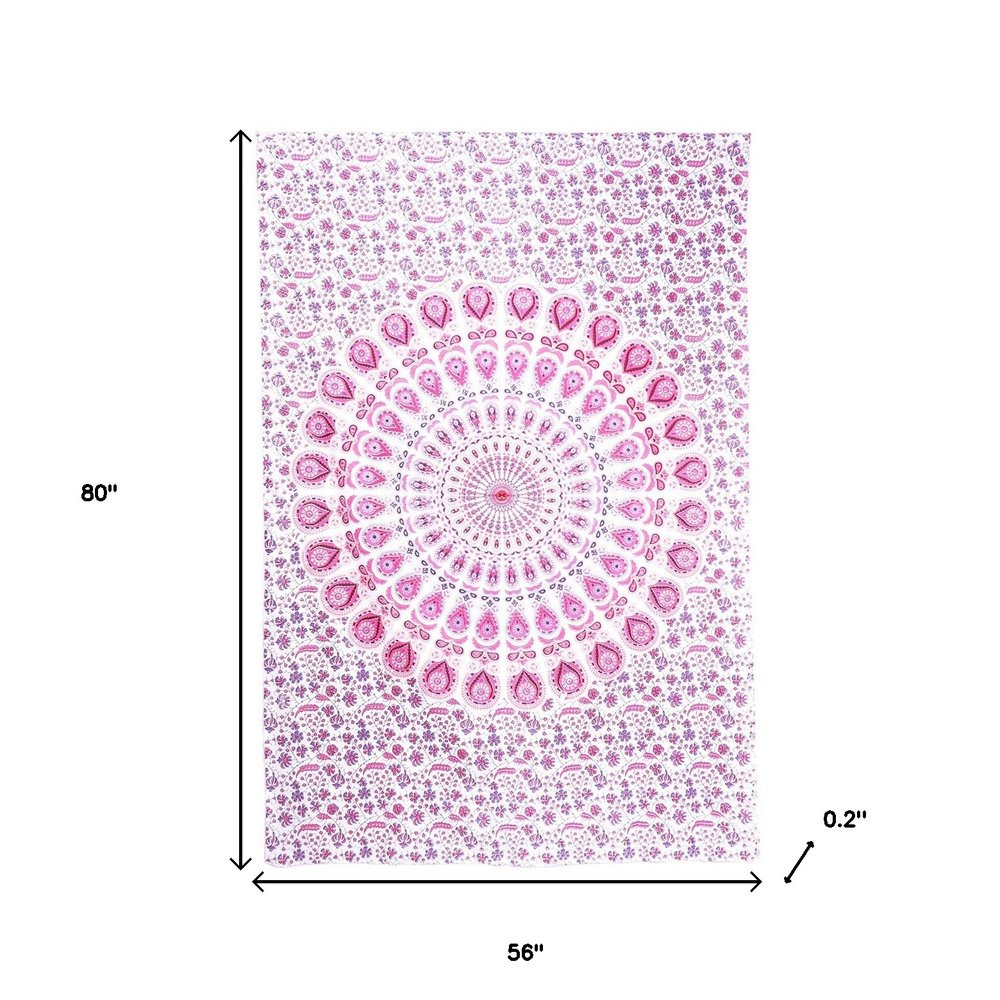 80" X 56" Pink And White Mandala Cotton Hanging Tapestry on a white background