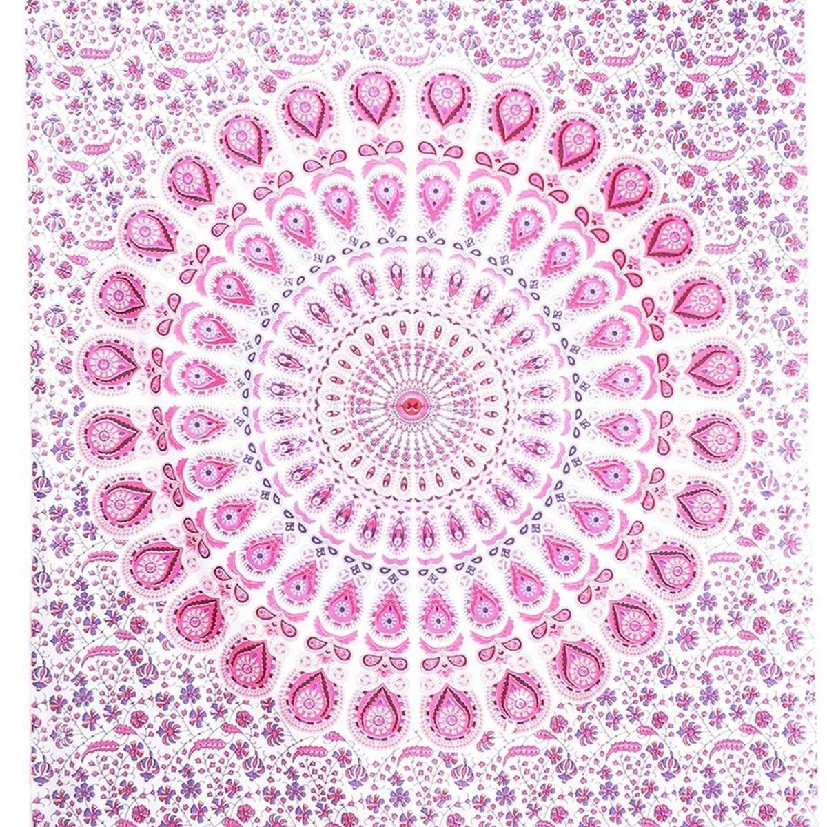 80" X 56" Pink And White Mandala Cotton Hanging Tapestry on a white background
