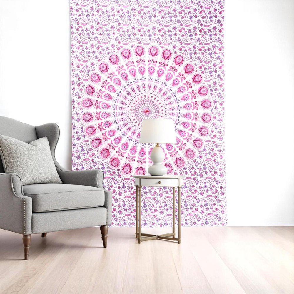 80" X 56" Pink And White Mandala Cotton Hanging Tapestry on a white background