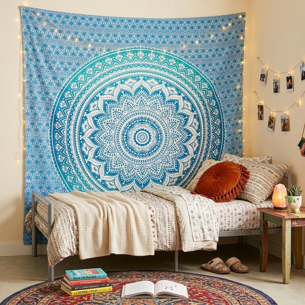 92" X 84" Sea Green And White Mandala Cotton Hanging Tapestry