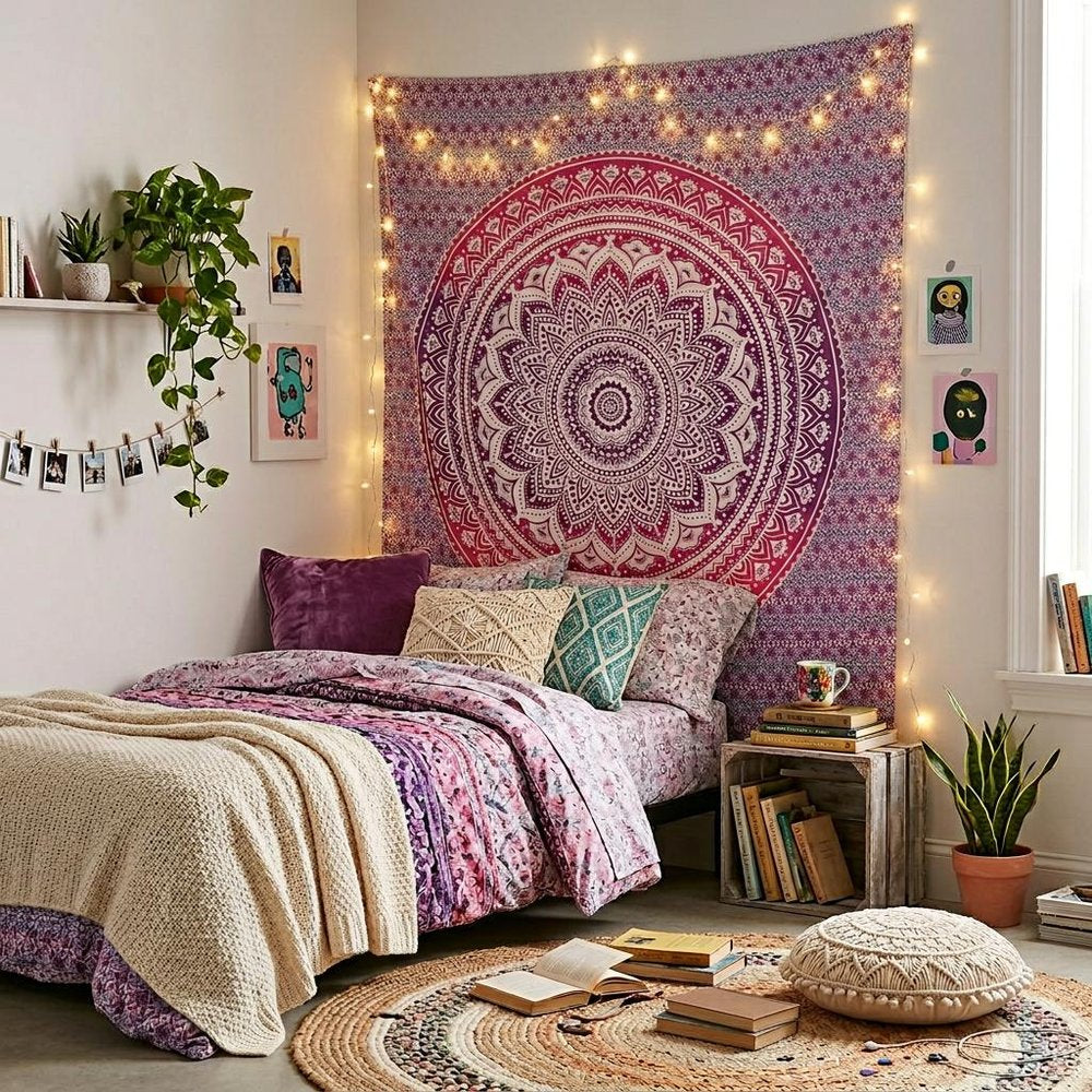 92" X 84" Pink And White Mandala Cotton Hanging Tapestry