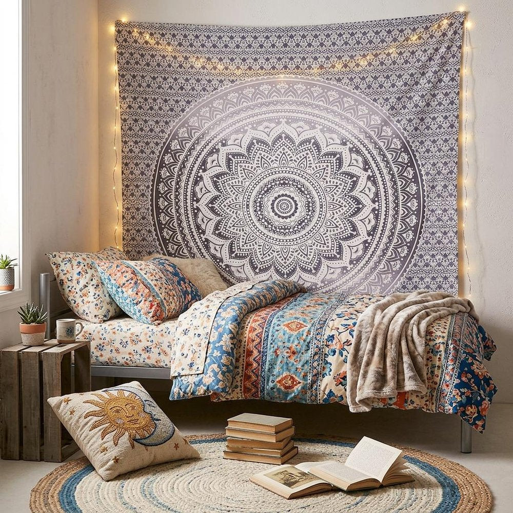 92" X 84" Gray And White Mandala Cotton Hanging Tapestry