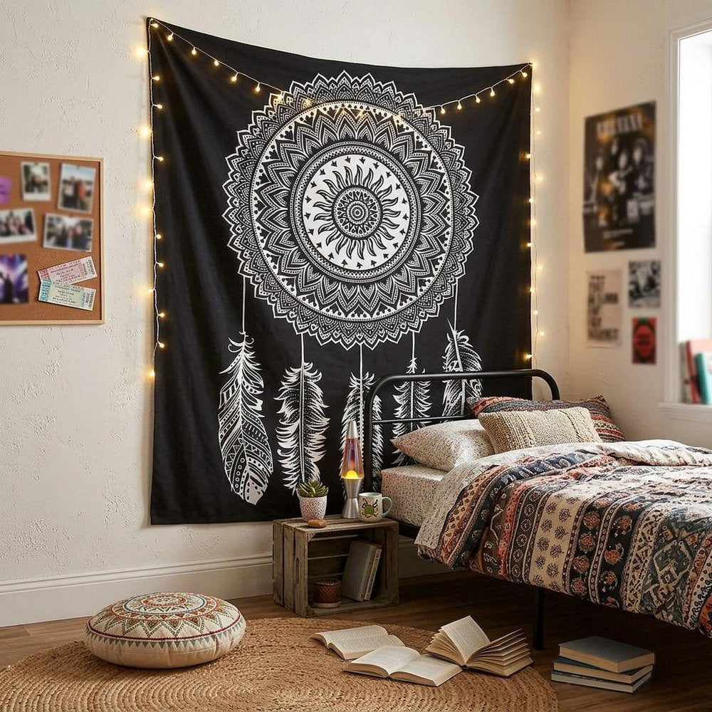 92" X 84" Black And White Abstract Cotton Hanging Tapestry