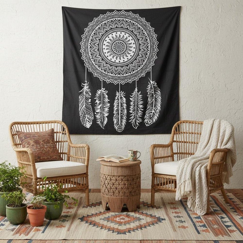 92" X 84" Black And White Abstract Cotton Hanging Tapestry in a home interior