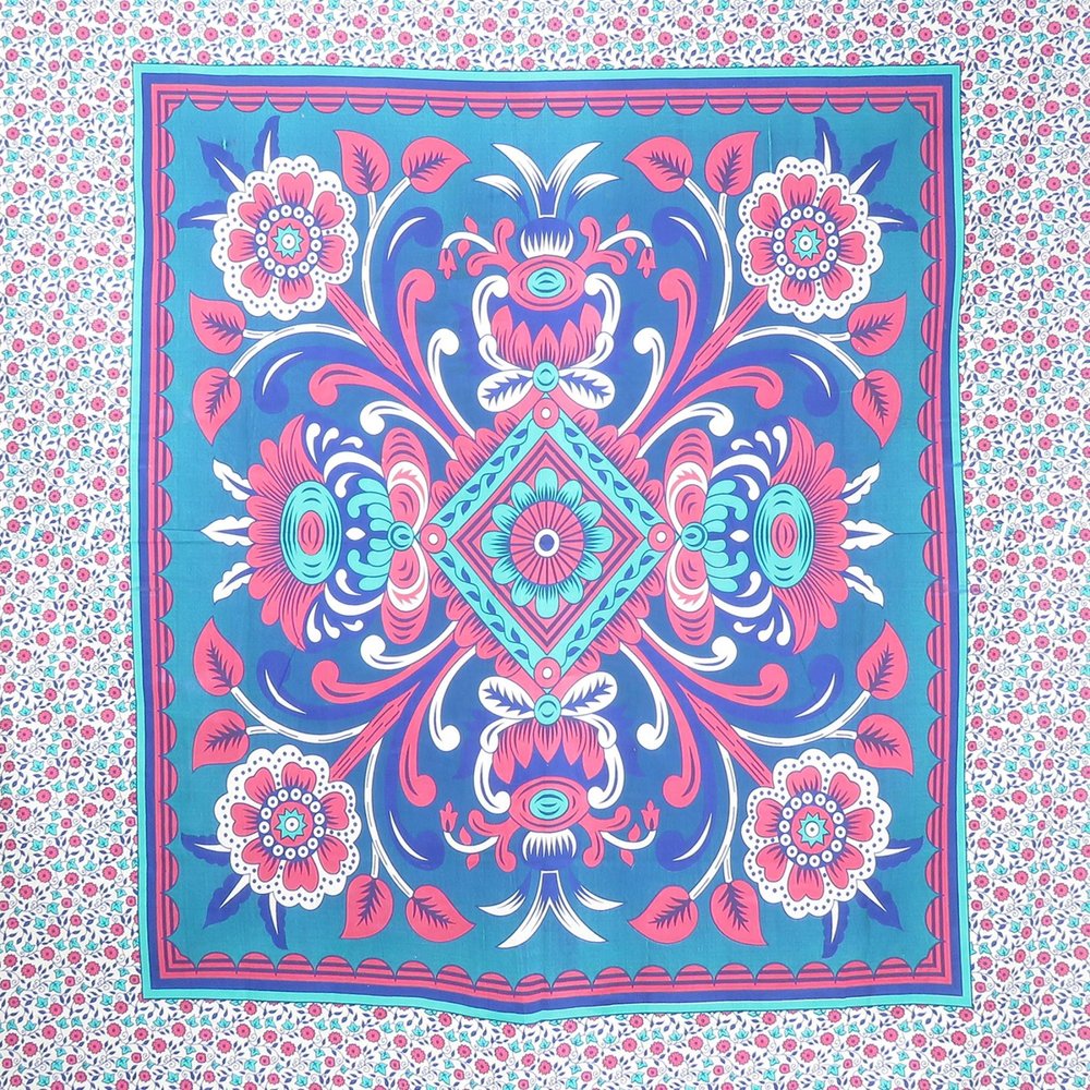 88" X 84" Blue Red And White Floral Cotton Hanging Tapestry
