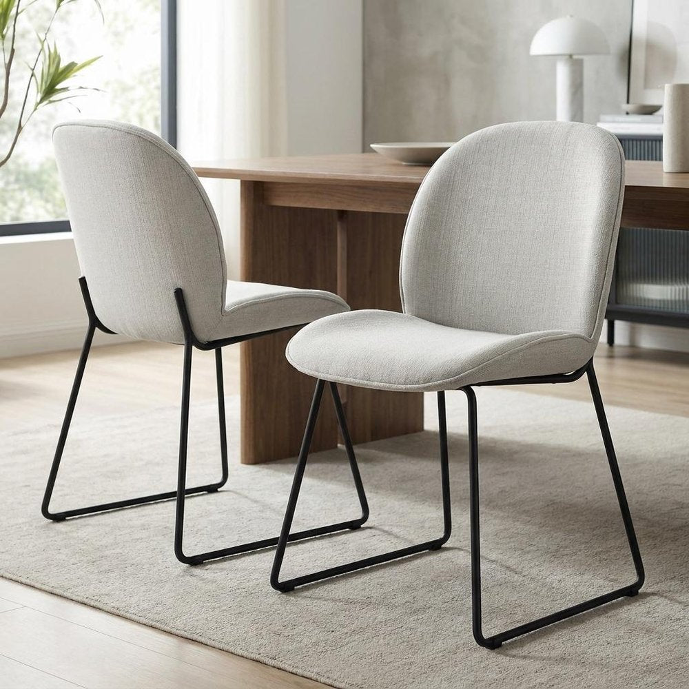 Set of Two White and Black Upholstered Fabric Dining Side Chairs