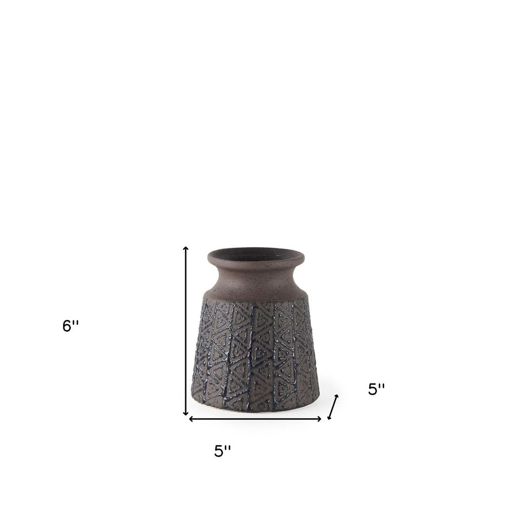 6" Brown Abstract Cylinder Ceramic Table Vase. Vase isolated on a plain white background, showing a ceramic surface.