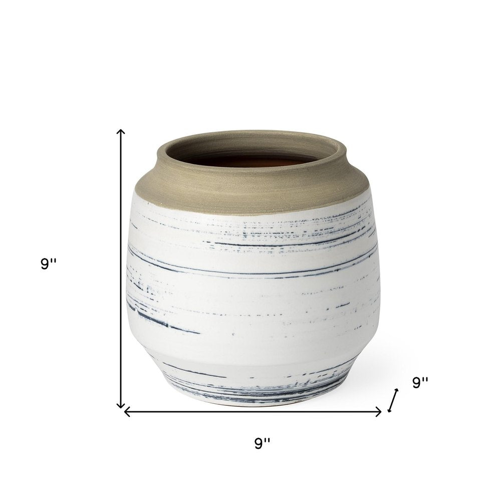 9" White Blue and Sand Abstract Cylinder Ceramic Table Vase on a white background