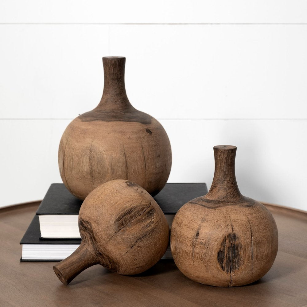 7" Brown Abstract Cylinder Solid Wood Table Vase on a white background