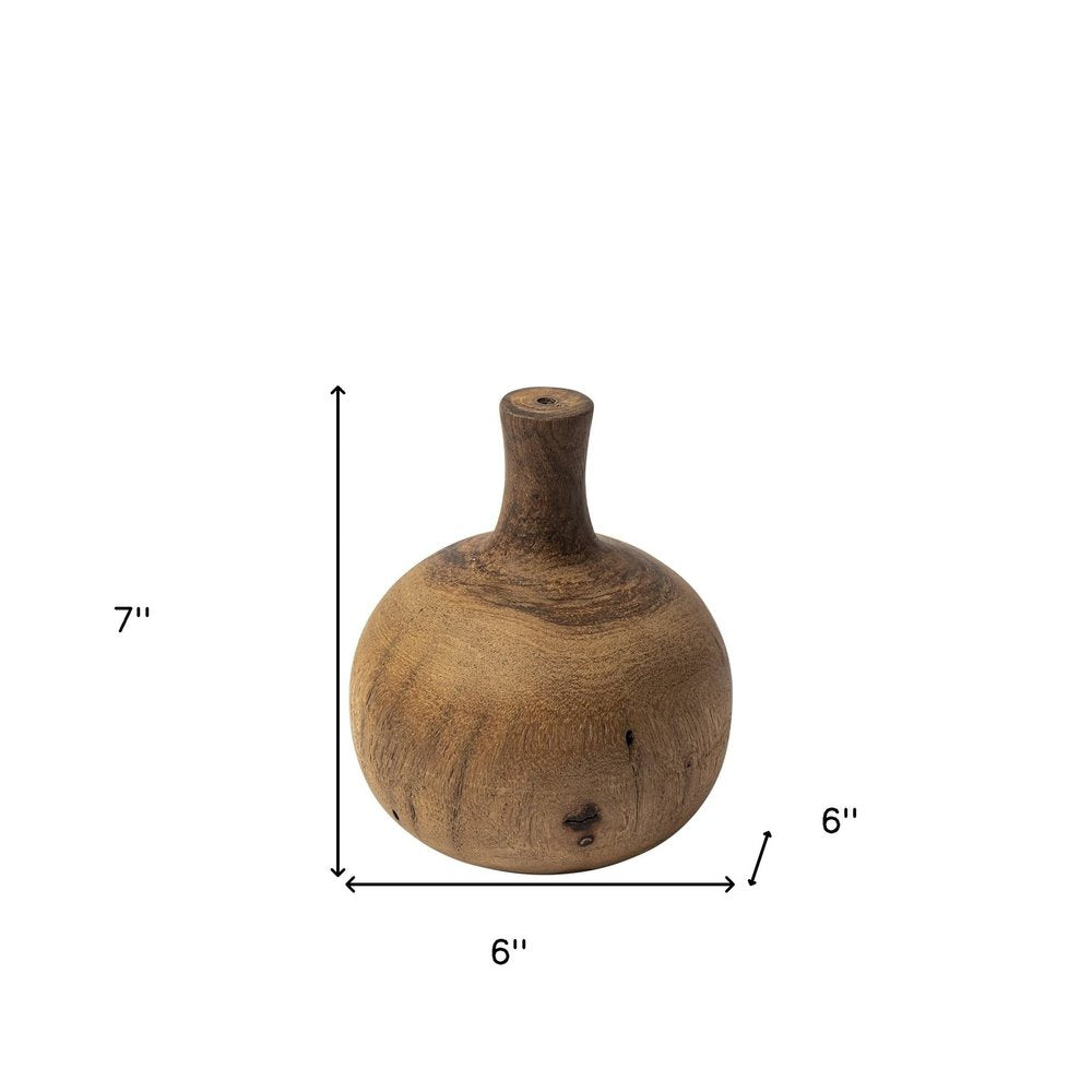 7" Brown Abstract Cylinder Solid Wood Table Vase on a white background