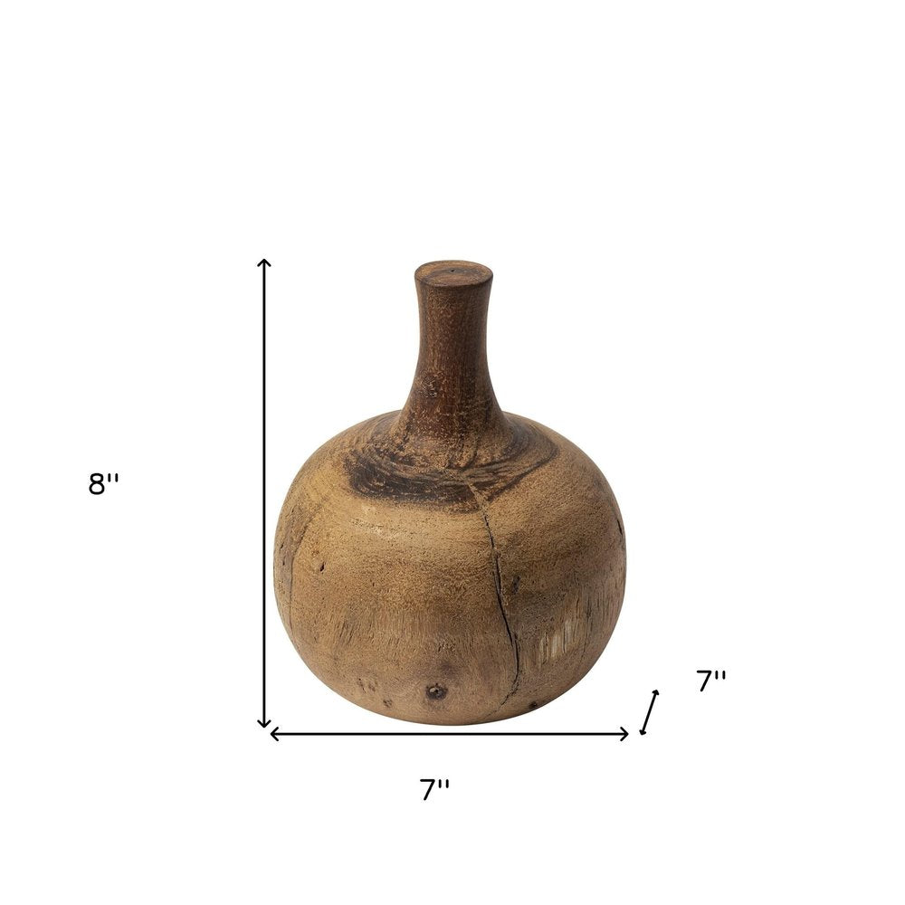 8" Brown Abstract Cylinder Solid Wood Table Vase on a white background