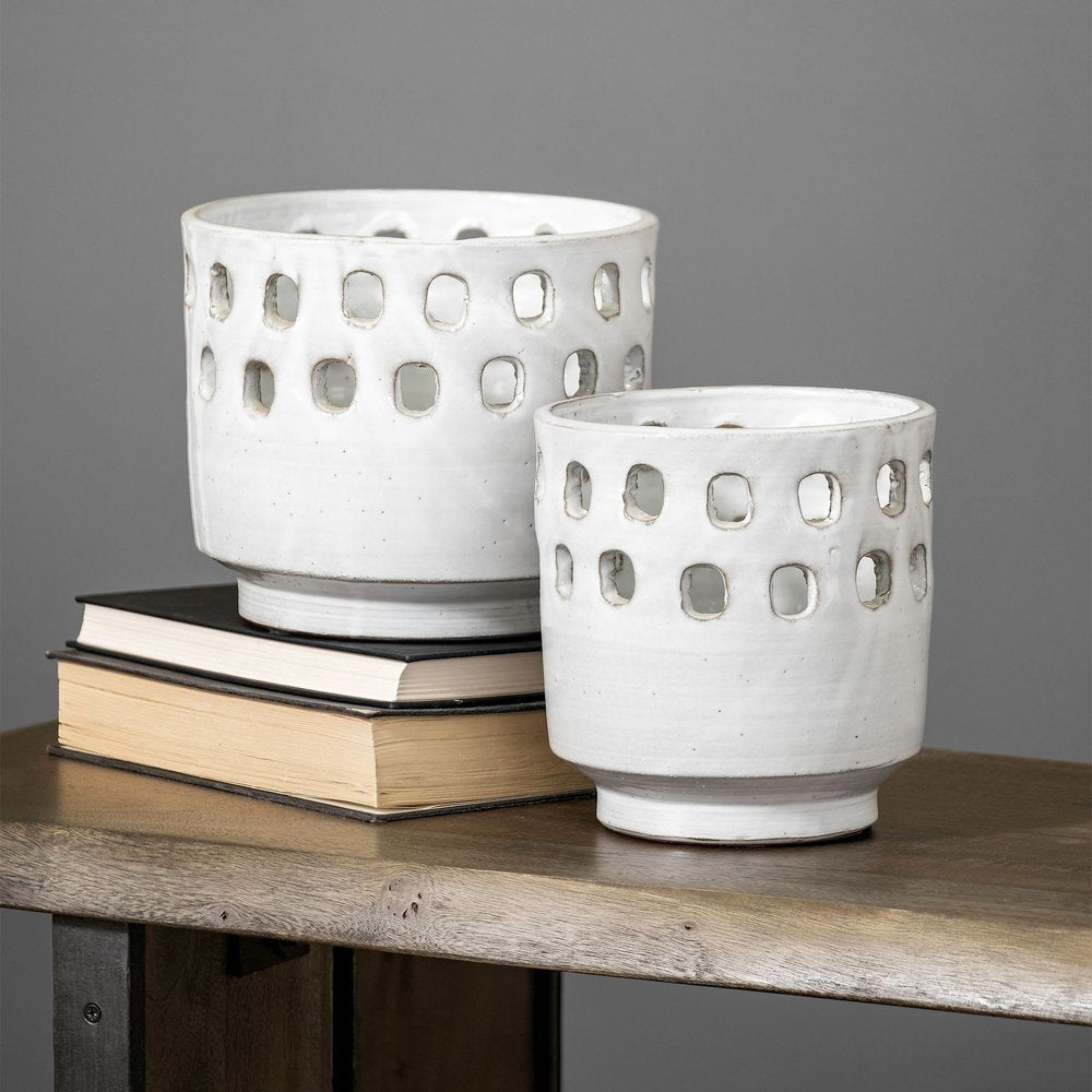 Set of Two White Abstract Cylinder Ceramic Table Vase