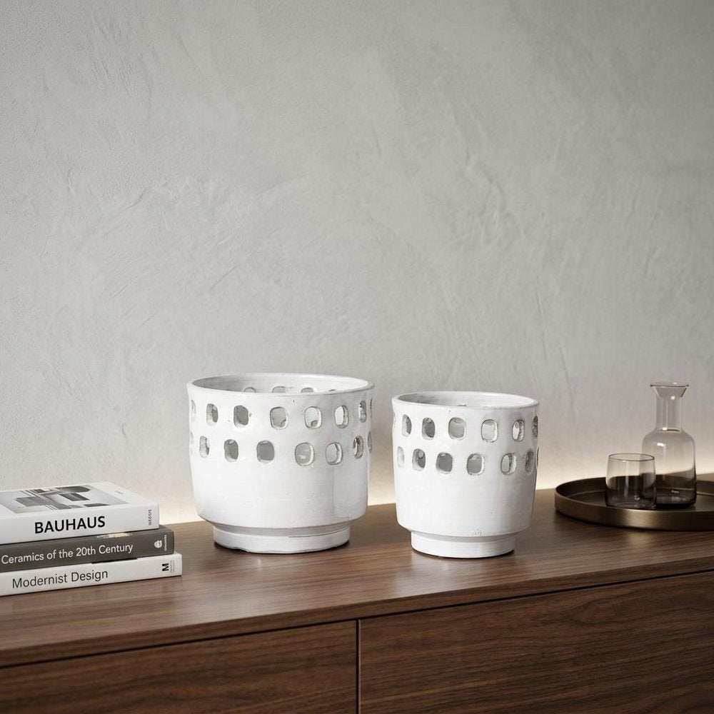 Set of Two White Abstract Cylinder Ceramic Table Vase in a home interior