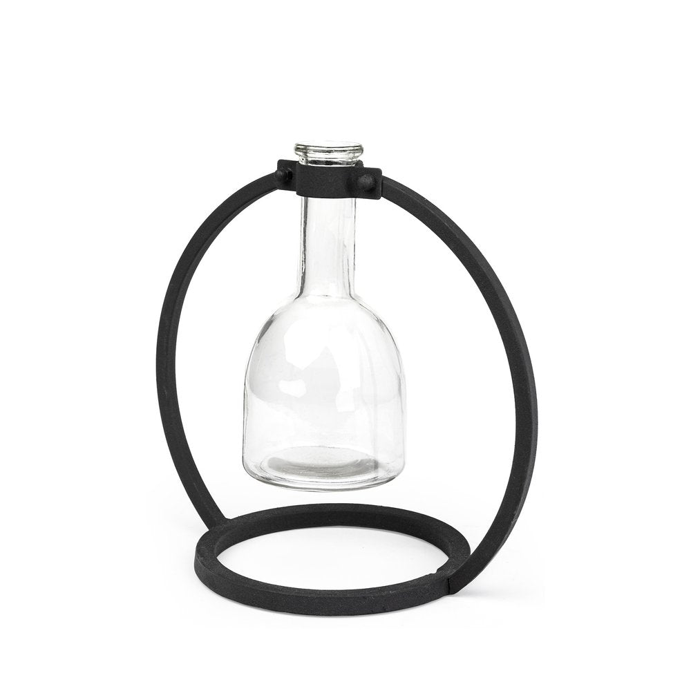 8" Clear and Black Glass and Metal Abstract Cylinder Table Vase on a white background
