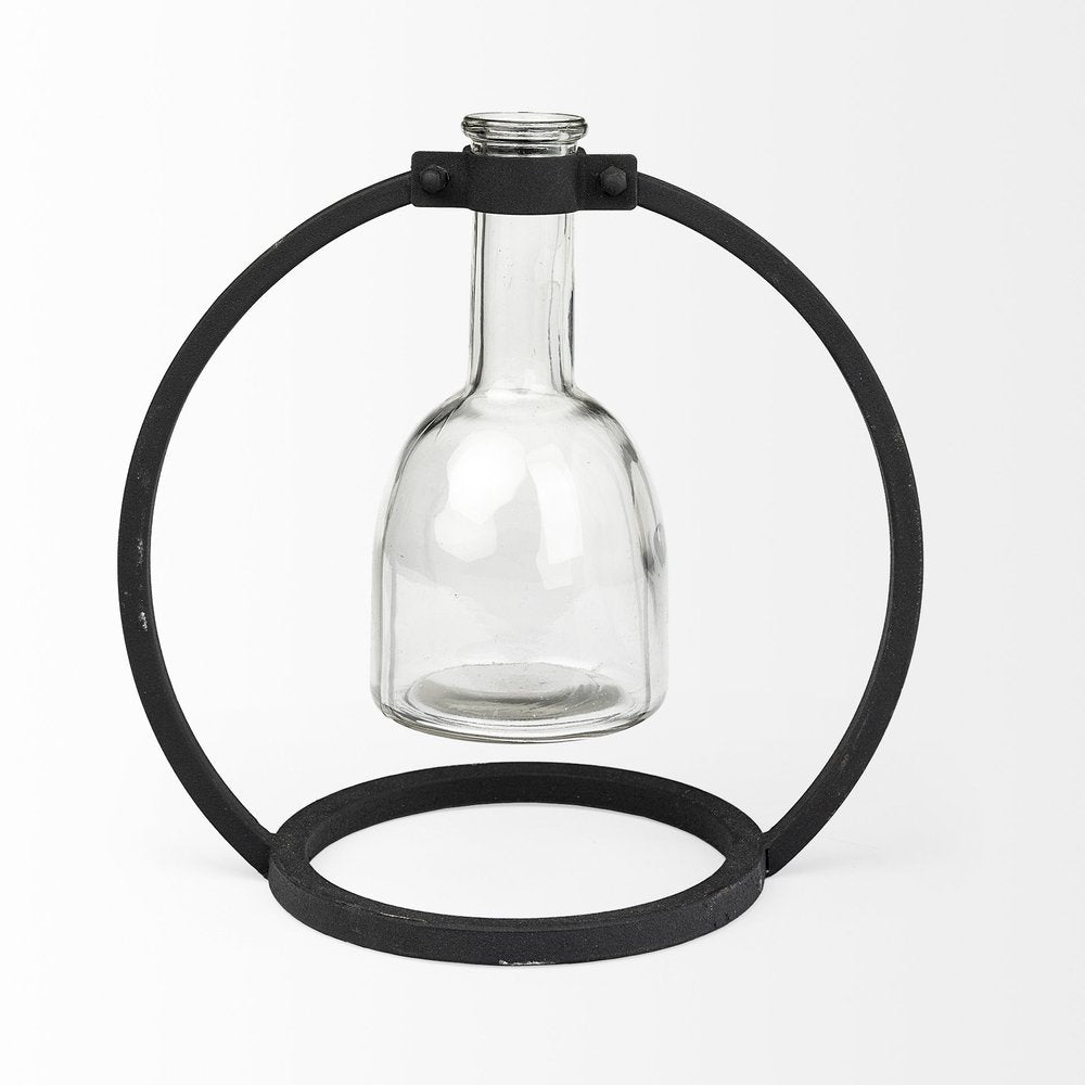 8" Clear and Black Glass and Metal Abstract Cylinder Table Vase on a white background