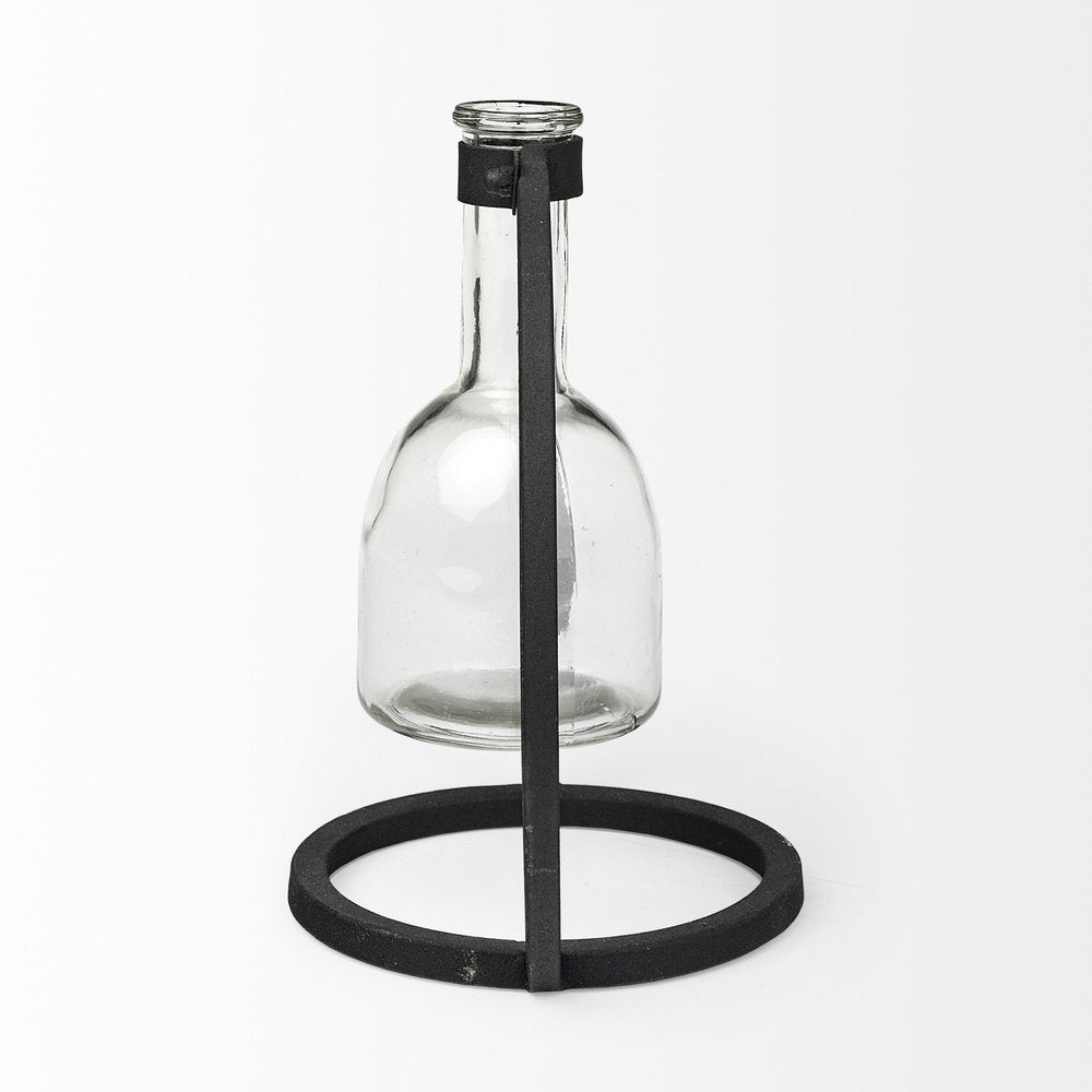 8" Clear and Black Glass and Metal Abstract Cylinder Table Vase on a white background