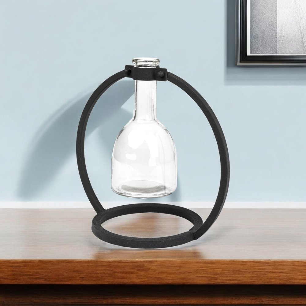 8" Clear and Black Glass and Metal Abstract Cylinder Table Vase in a home interior