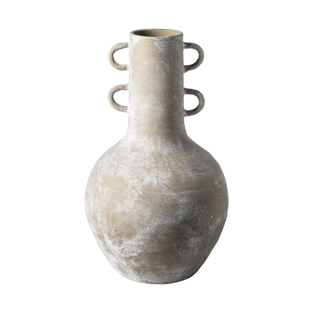 Rustic Whitewash Brown Double Handle Ceramic Vase on a white background
