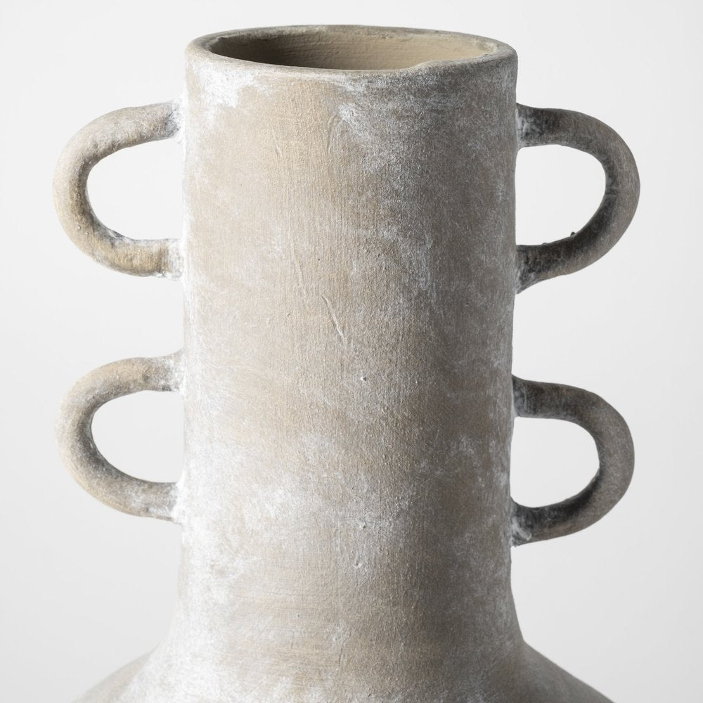 Rustic Whitewash Brown Double Handle Ceramic Vase on a white background