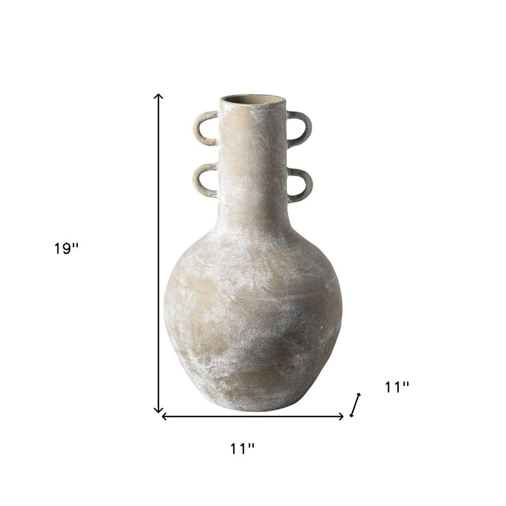 Rustic Whitewash Brown Double Handle Ceramic Vase on a white background