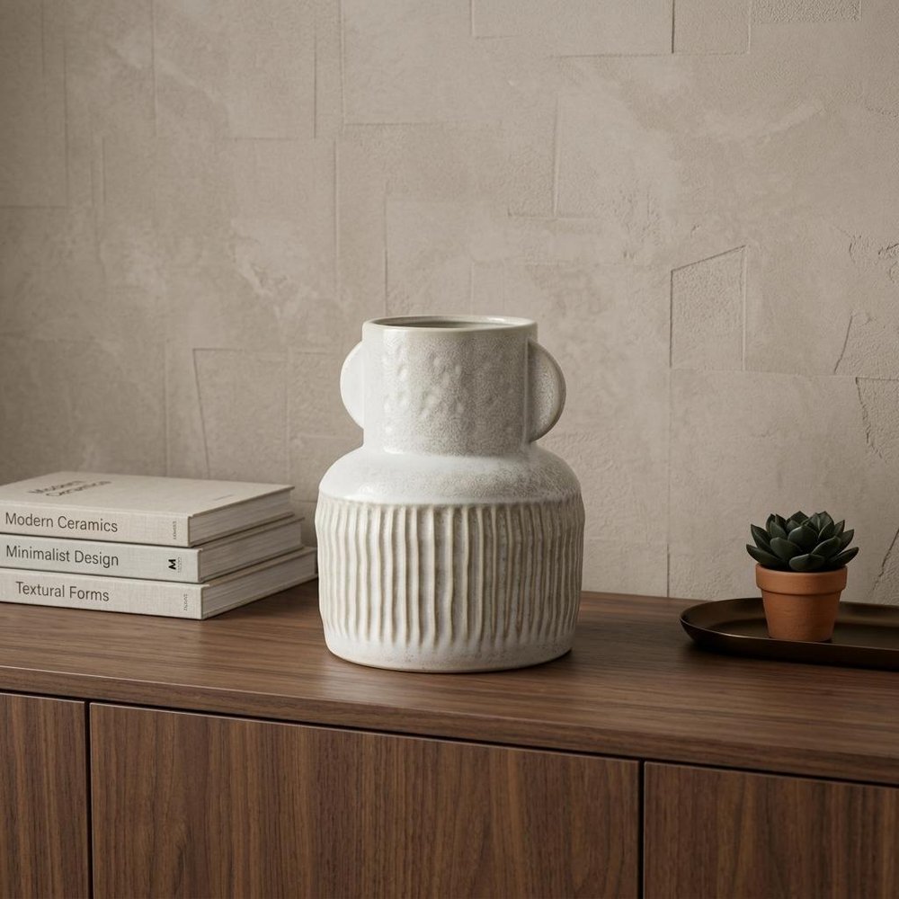 8" Whitewash Handled Textured Ceramic Vase