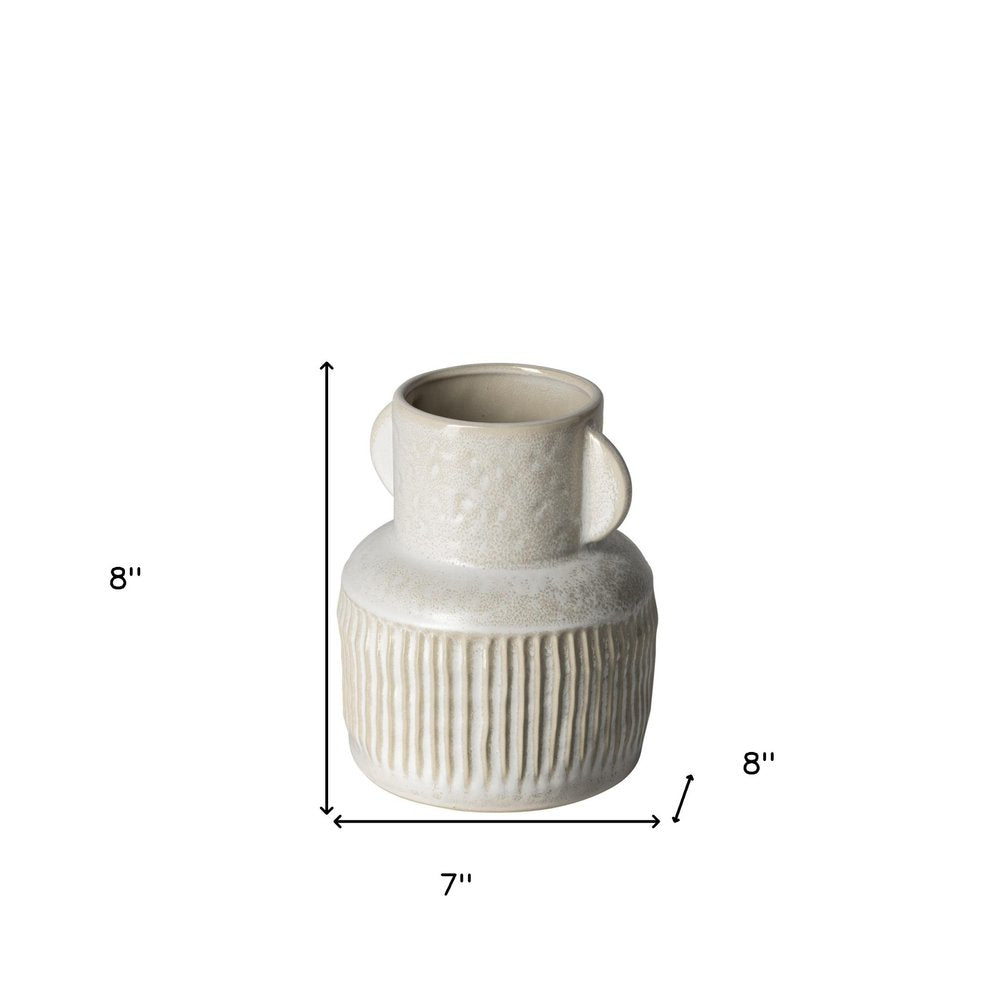 8" Whitewash Handled Textured Ceramic Vase on a white background