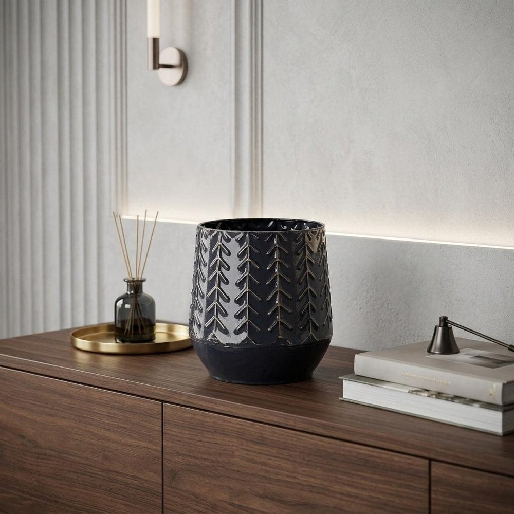 7" Navy Organically Embossed Chevron Metal Vase