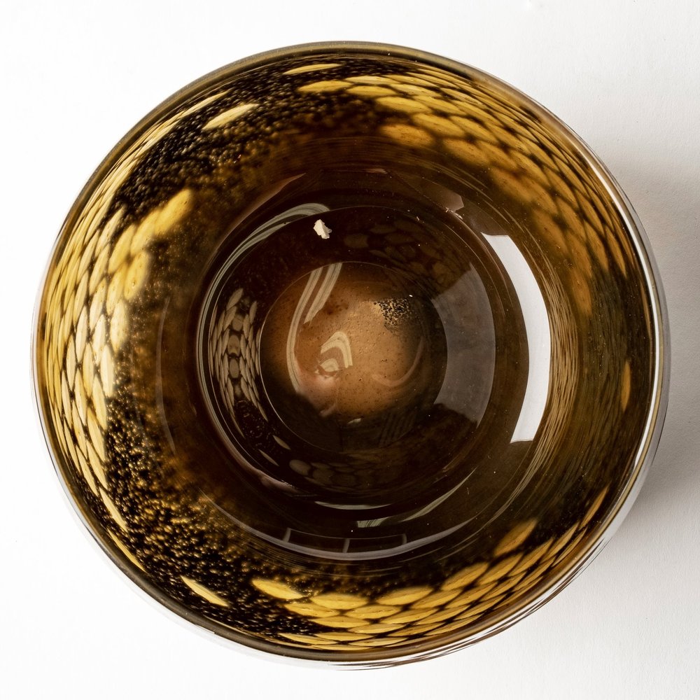 6" Gold Abstract Cylinder Crystal Glass Table Vase. Vase isolated on a plain white background, in a gold glass finish.
