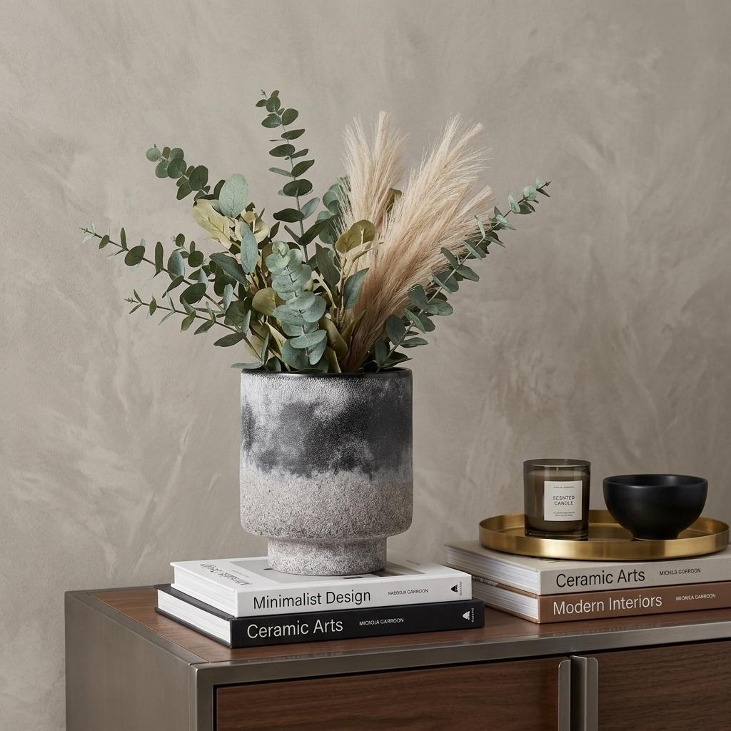 6" Brown And Black Abstract Cylinder Ceramic Table Vase