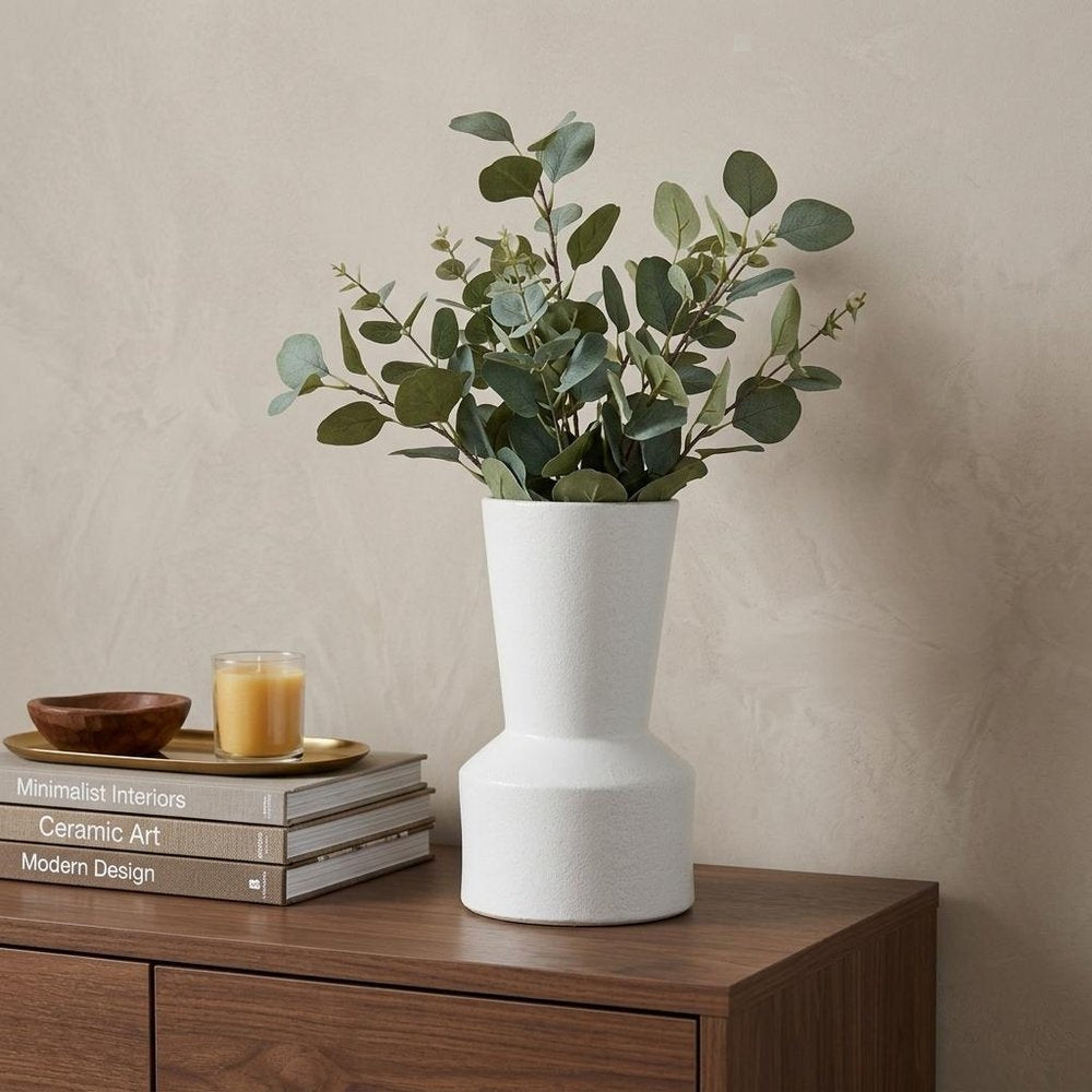 9" White Abstract Cylinder Ceramic Table Vase in a home interior