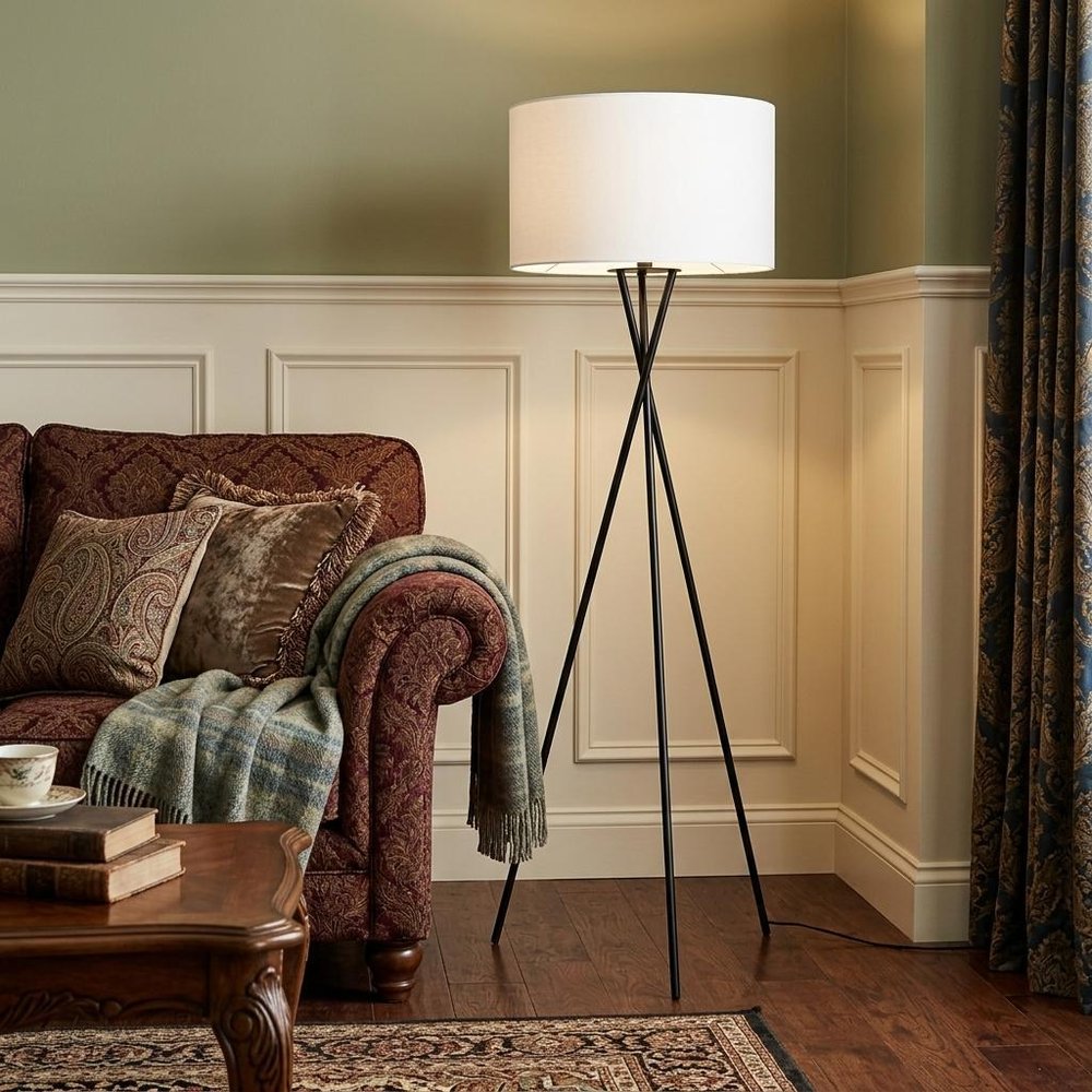 66" Black Tripod Floor Lamp With White Fabric Drum Shade