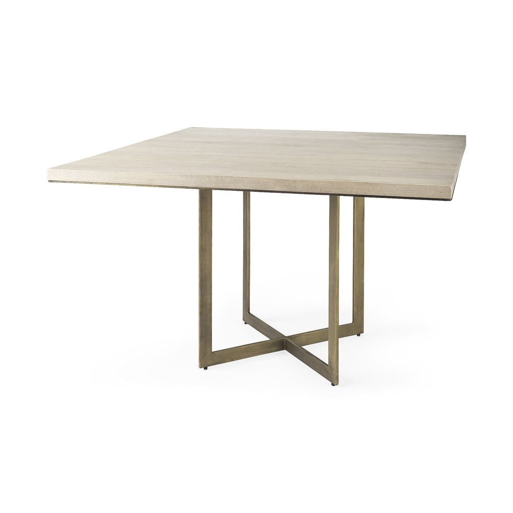 Modern Square Wood and Gold Dining Table on a white background