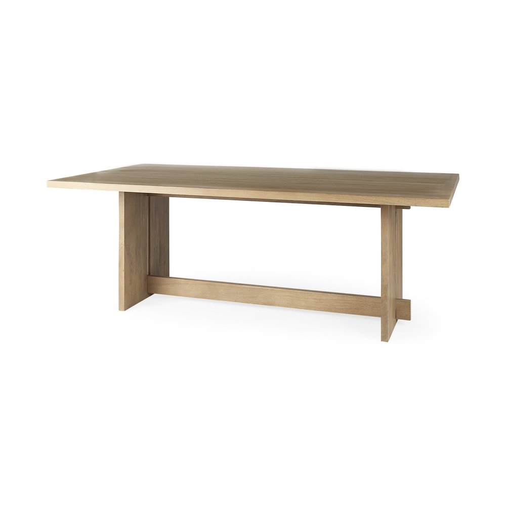 A light natural wooden dining table with a modern rustic design on a white background.