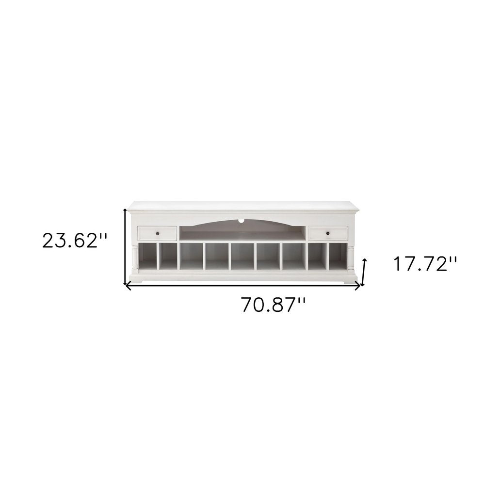 71" White Solid Console Table With Shelves And Drawers on a white background