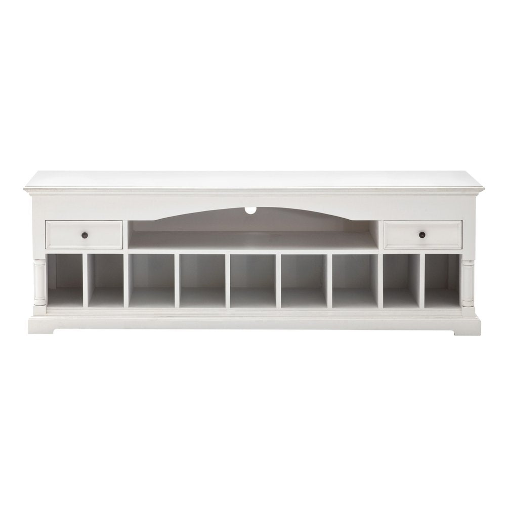 White solid console table with shelves and drawers on a white background.