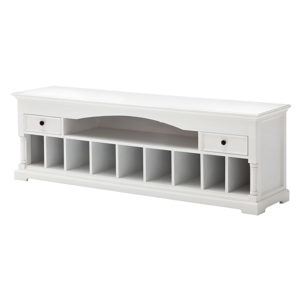 71" White Solid Console Table With Shelves And Drawers on a white background