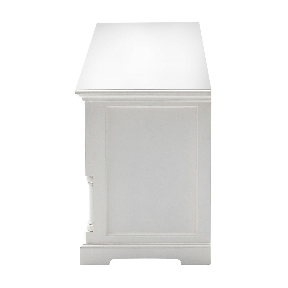 71" White Solid Console Table With Shelves And Drawers on a white background