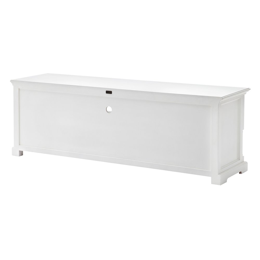 71" White Solid Console Table With Shelves And Drawers on a white background