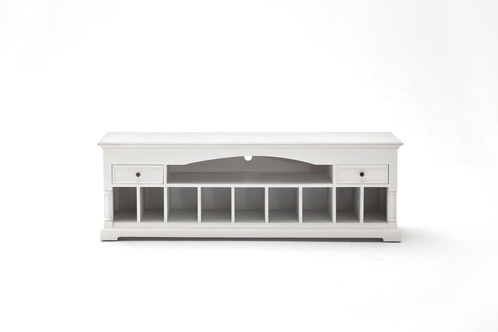 71" White Solid Console Table With Shelves And Drawers on a white background