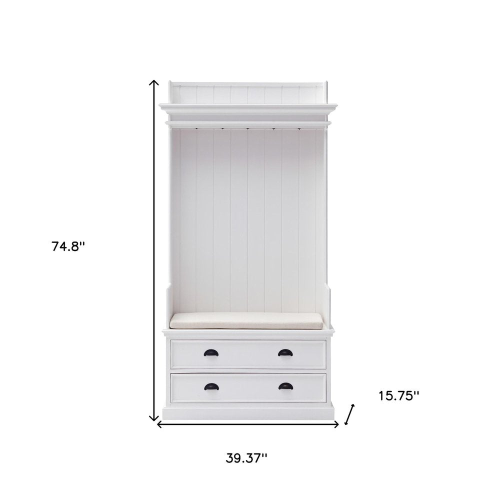Classic White Entryway Coat Rack and Bench with Drawers on a white background