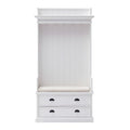 Classic White Entryway Coat Rack and Bench with Drawers on a white background