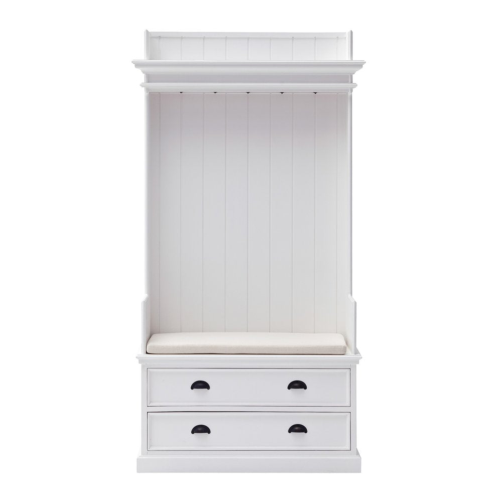 Classic White Entryway Coat Rack and Bench with Drawers on a white background