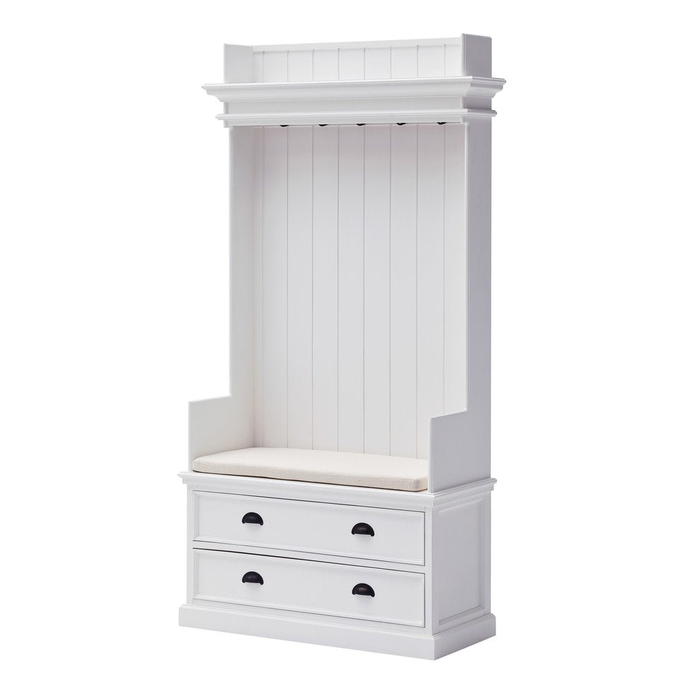 Classic White Entryway Coat Rack and Bench with Drawers on a white background
